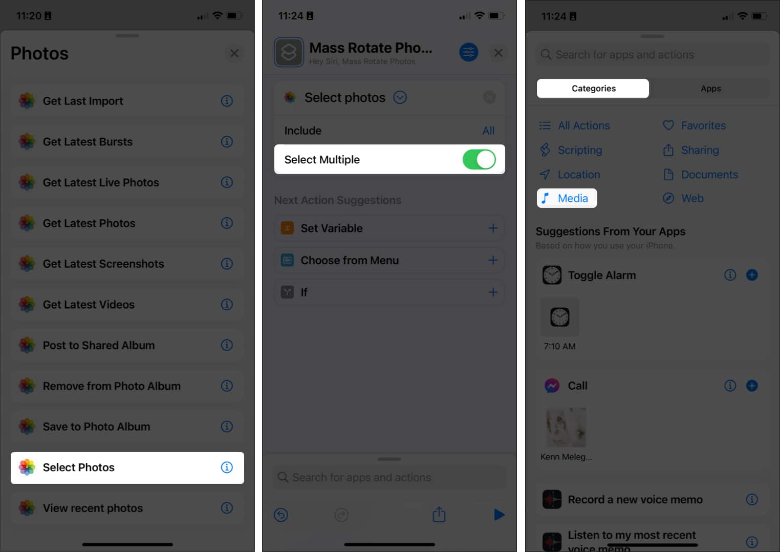 Select Categories tab and tap Media in Shortcuts app on iPhone