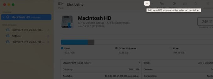 Adding APFS Volume in Disk Utility on Mac