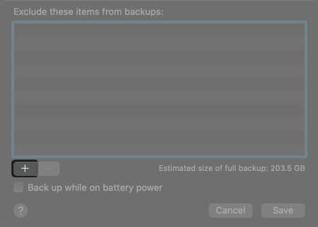 Click the Add + button from Time Machine window on Mac