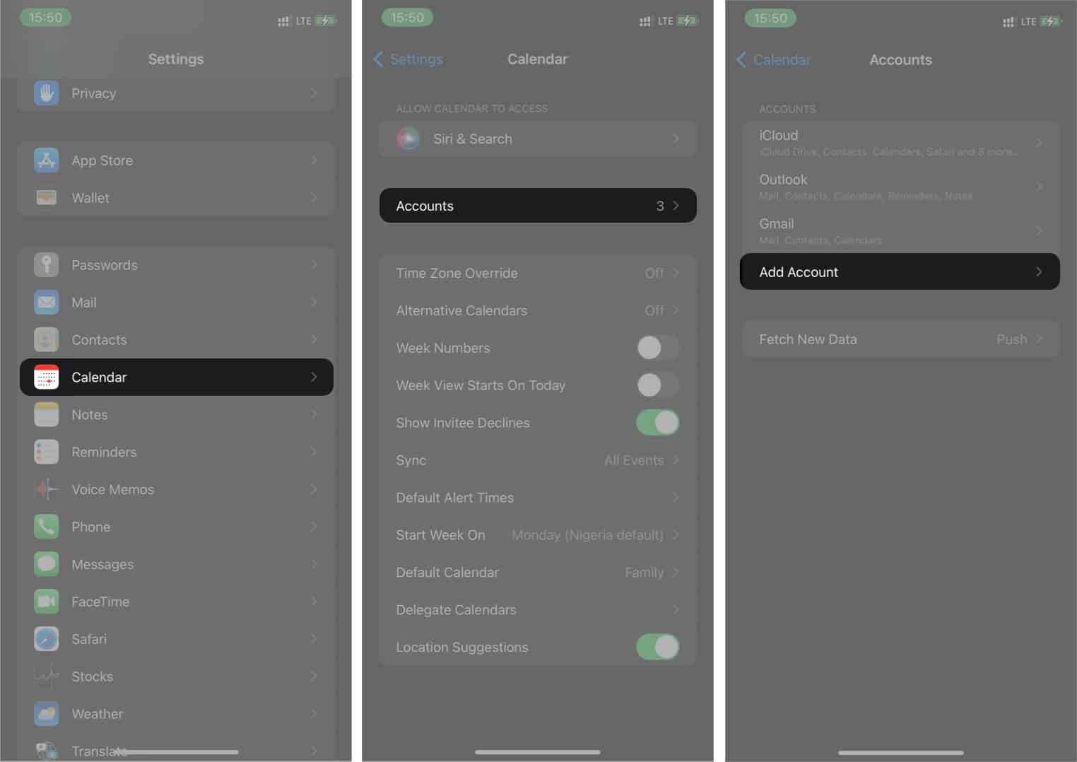 Steps showing adding Outlookcom account to an iPhone from Settings
