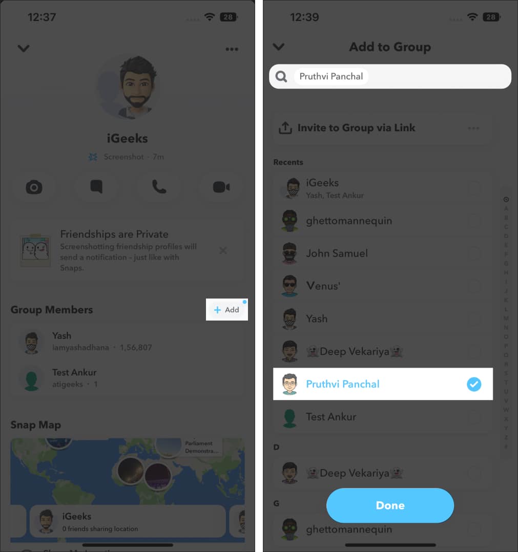 How to add members to a Snapchat group directly