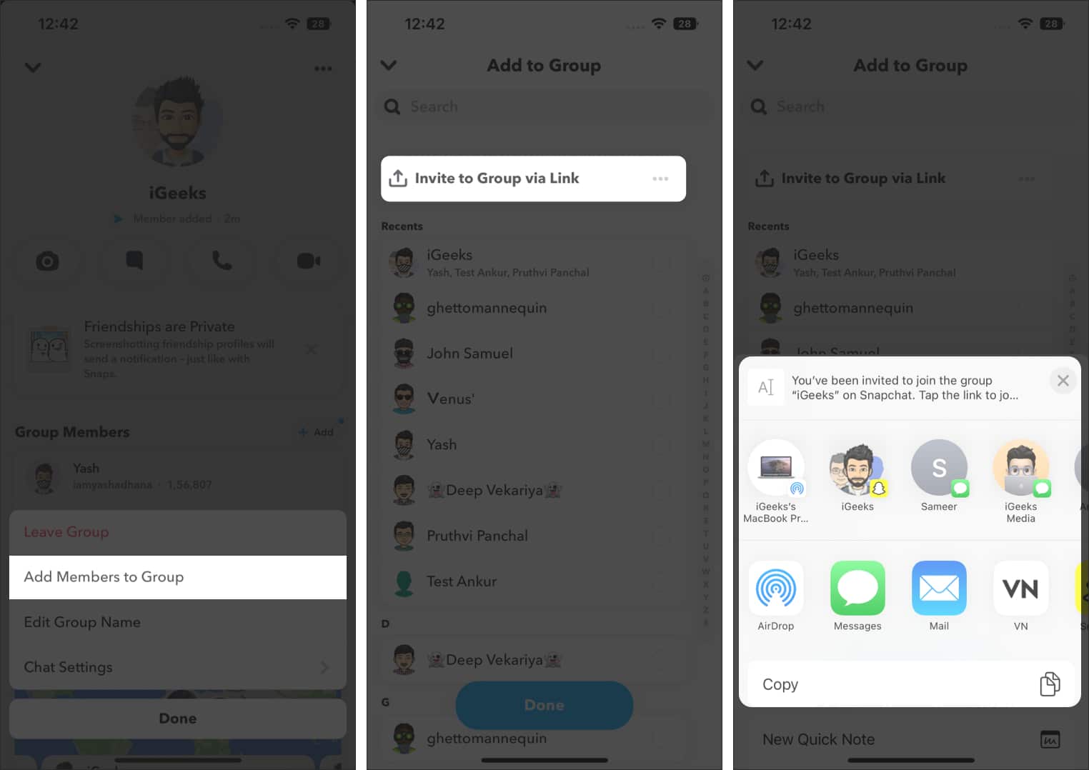 How to invite members to a Snapchat group