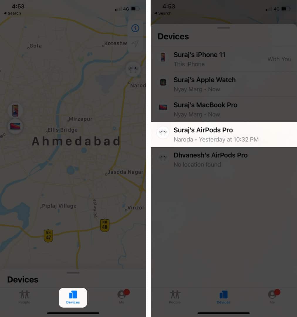 Devices tab showing a list of Apple devices in Find My app