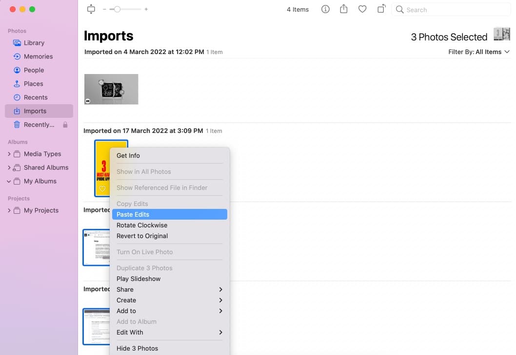 Paste Edits to apply edits on Multiple photos o Mac