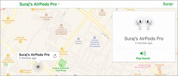Find My page showing AirPods location