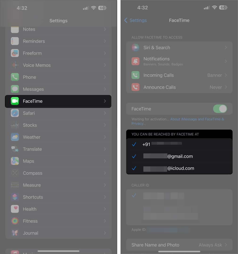 Select FaceTime Scroll down and check correct Apple ID or phone number is selected