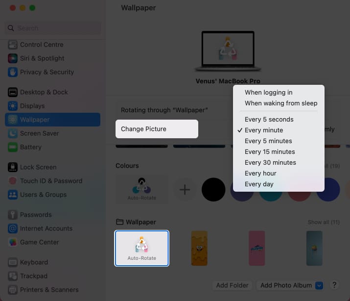 Select the album in System Preferences When using macOS Ventura