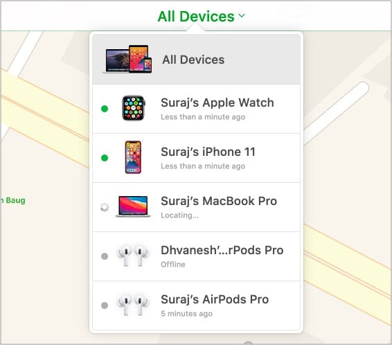 Find My website showing a list of Apple devices