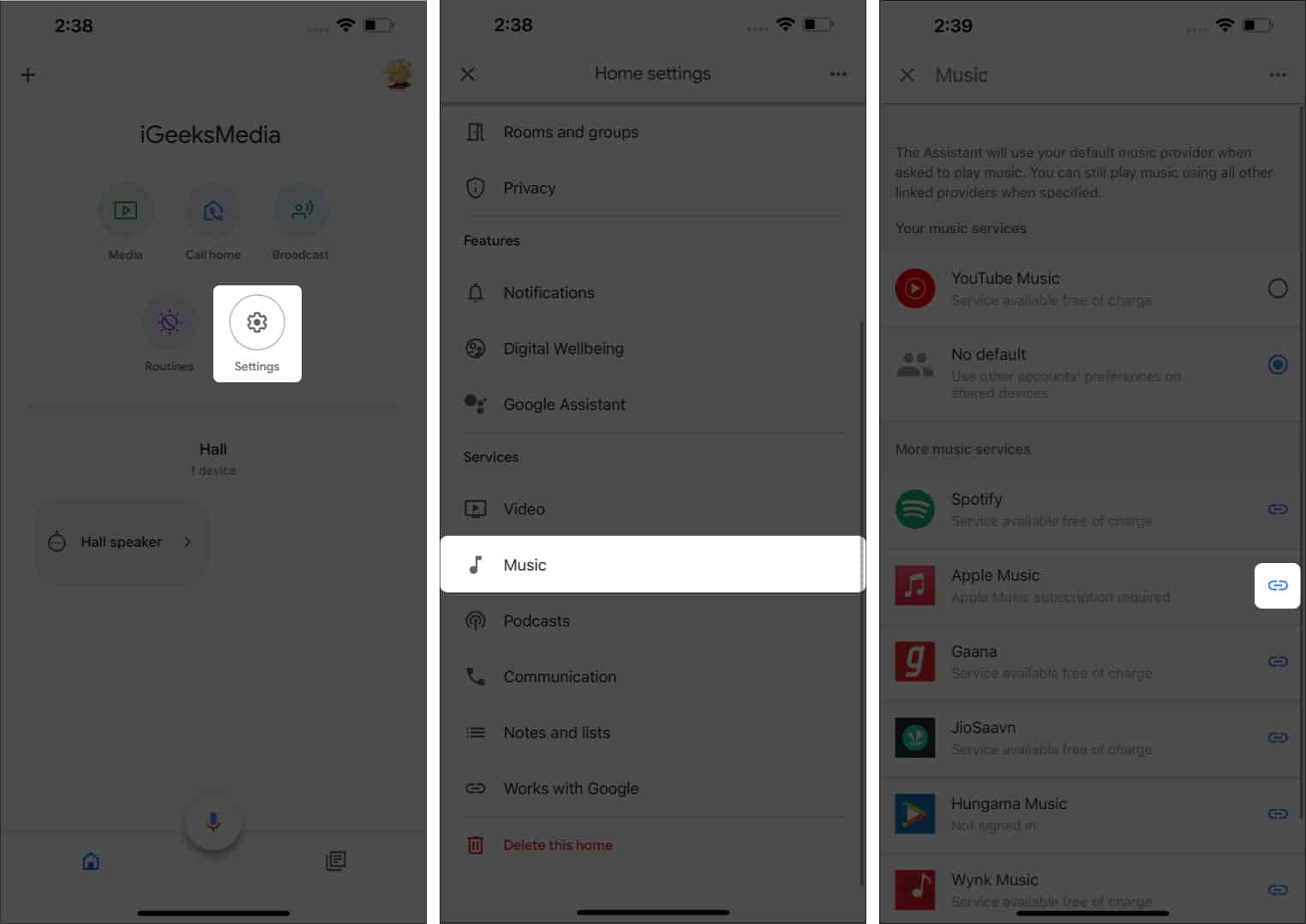Tap the Link icon beside Apple Music from Google home app
