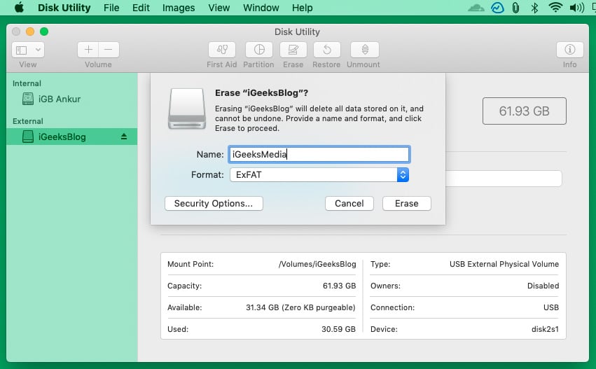 Give the drive a name choose correct file format and click Erase