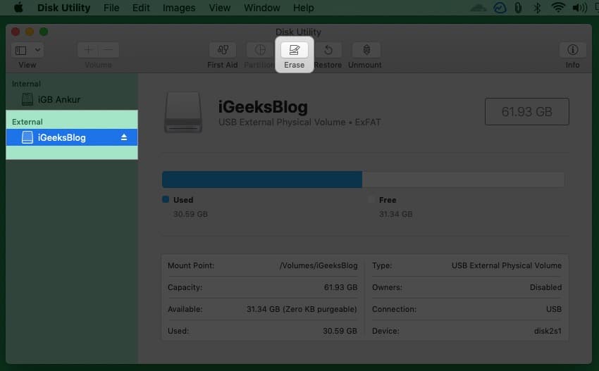 Open Disk Utility select your External Drive and click Erase