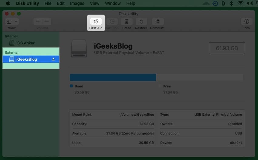 Open Disk Utility select your External Drive and click First Aid