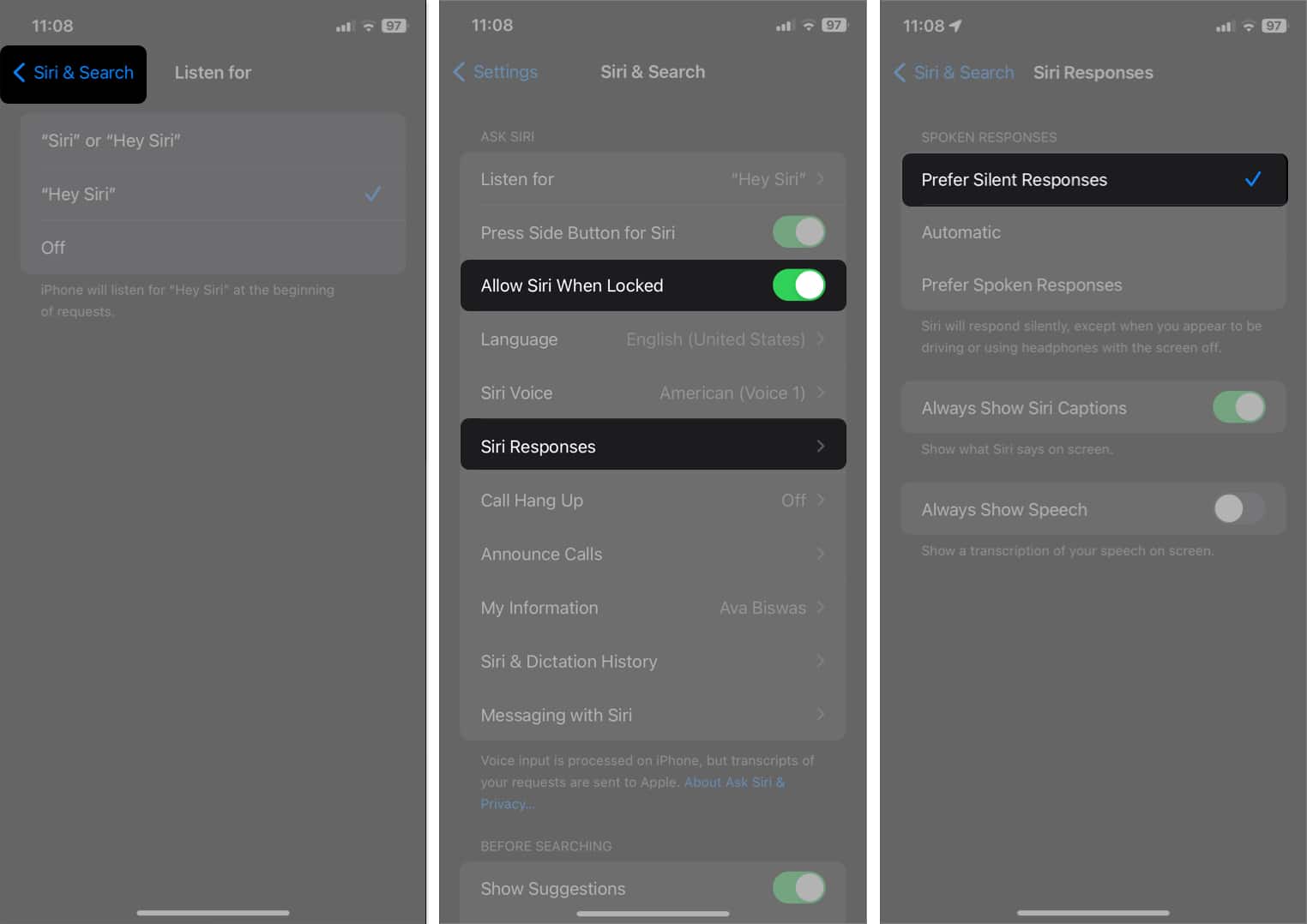 Tap back toggle on Allow Siri When Locked select Siri Responses choose Prefer Spoken Responses