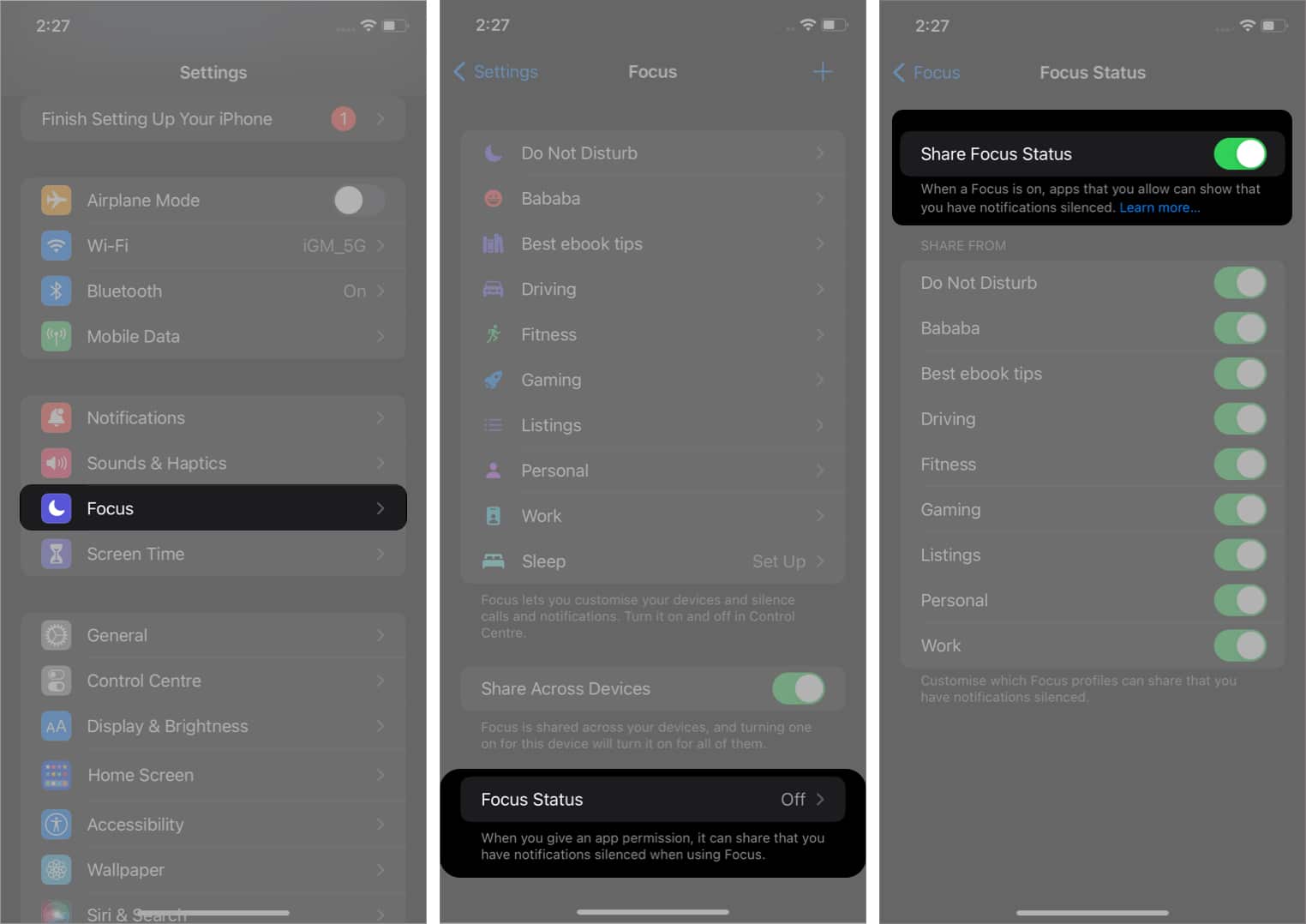 What is Share Focus Status and how to turn it onoff