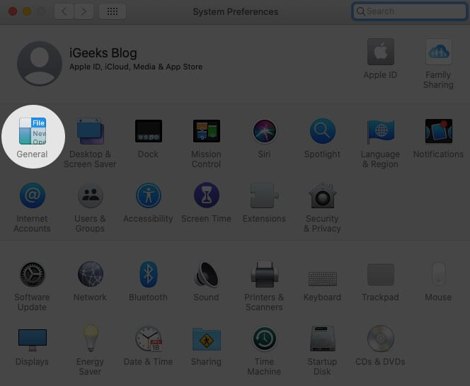 Click on General in System Preferences on Mac