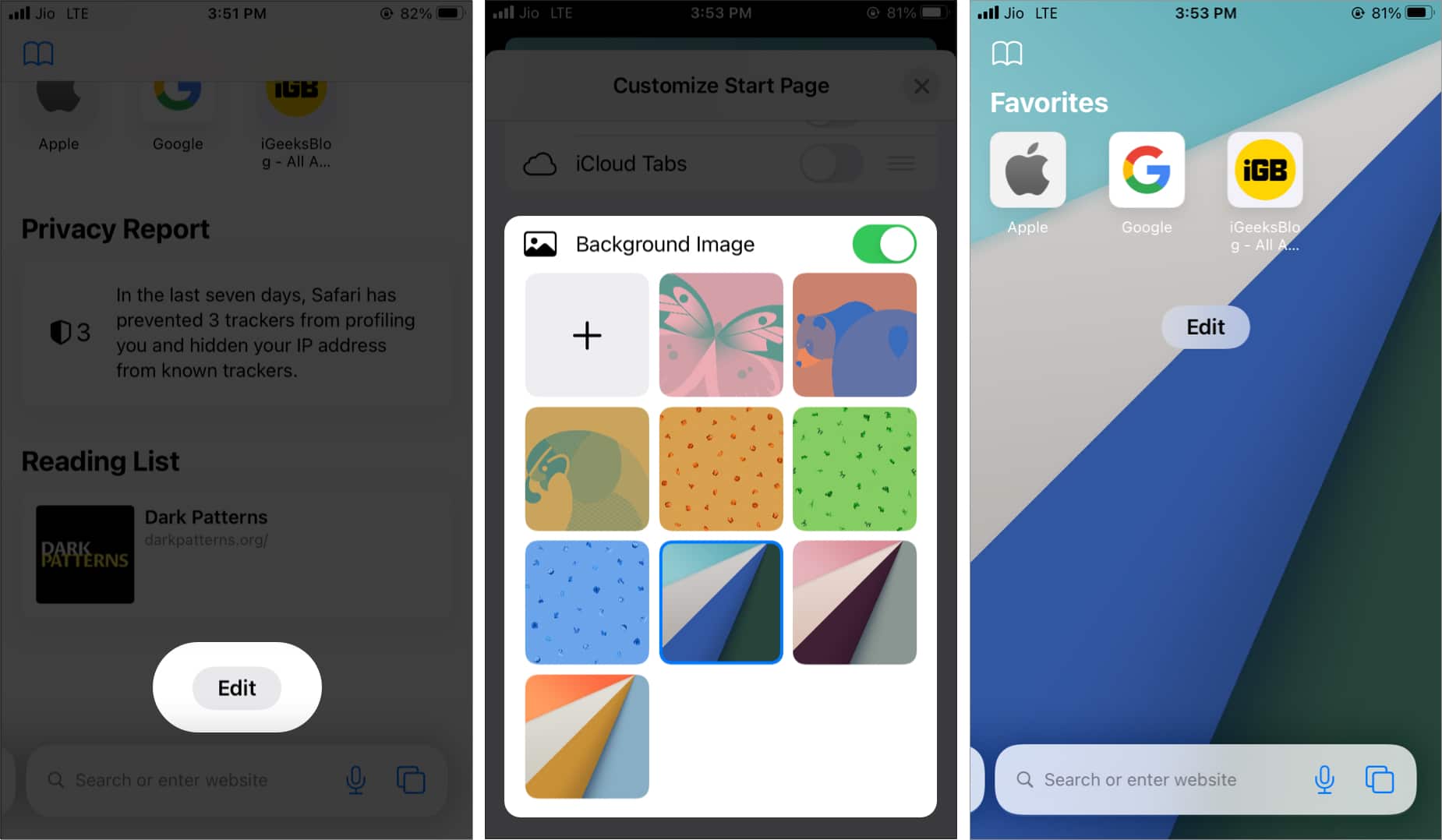 How to add a background image to Safaris start page in iOS 15