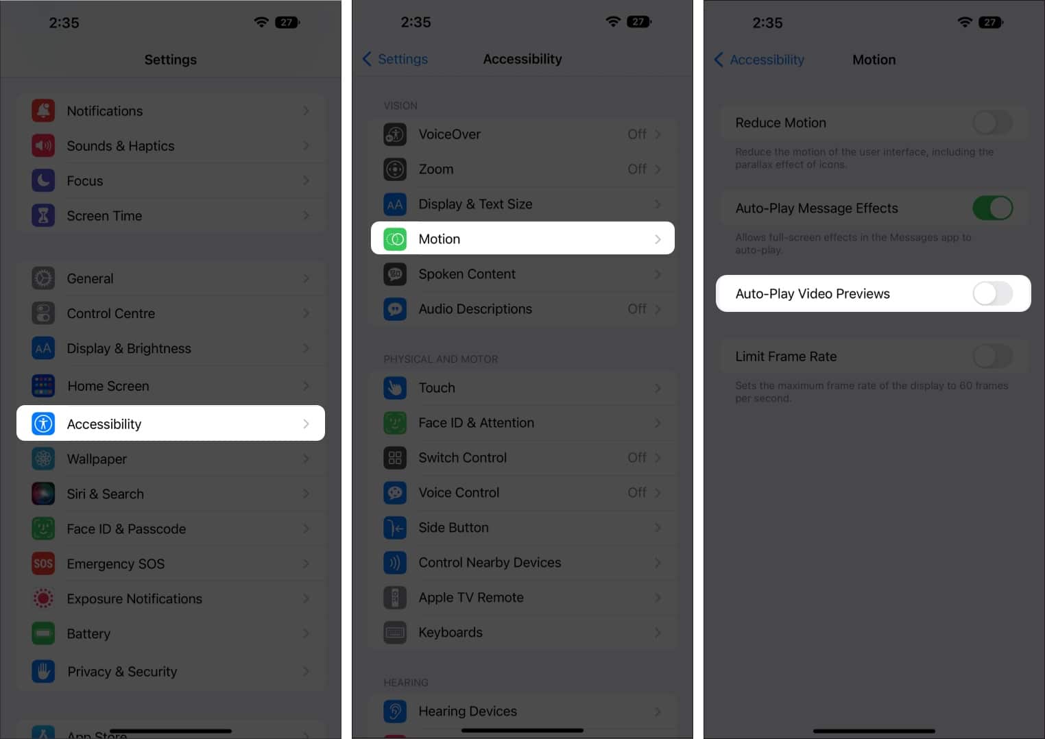 Steps to turn off Auto Play Video Previews in iPhone Accessibility settings