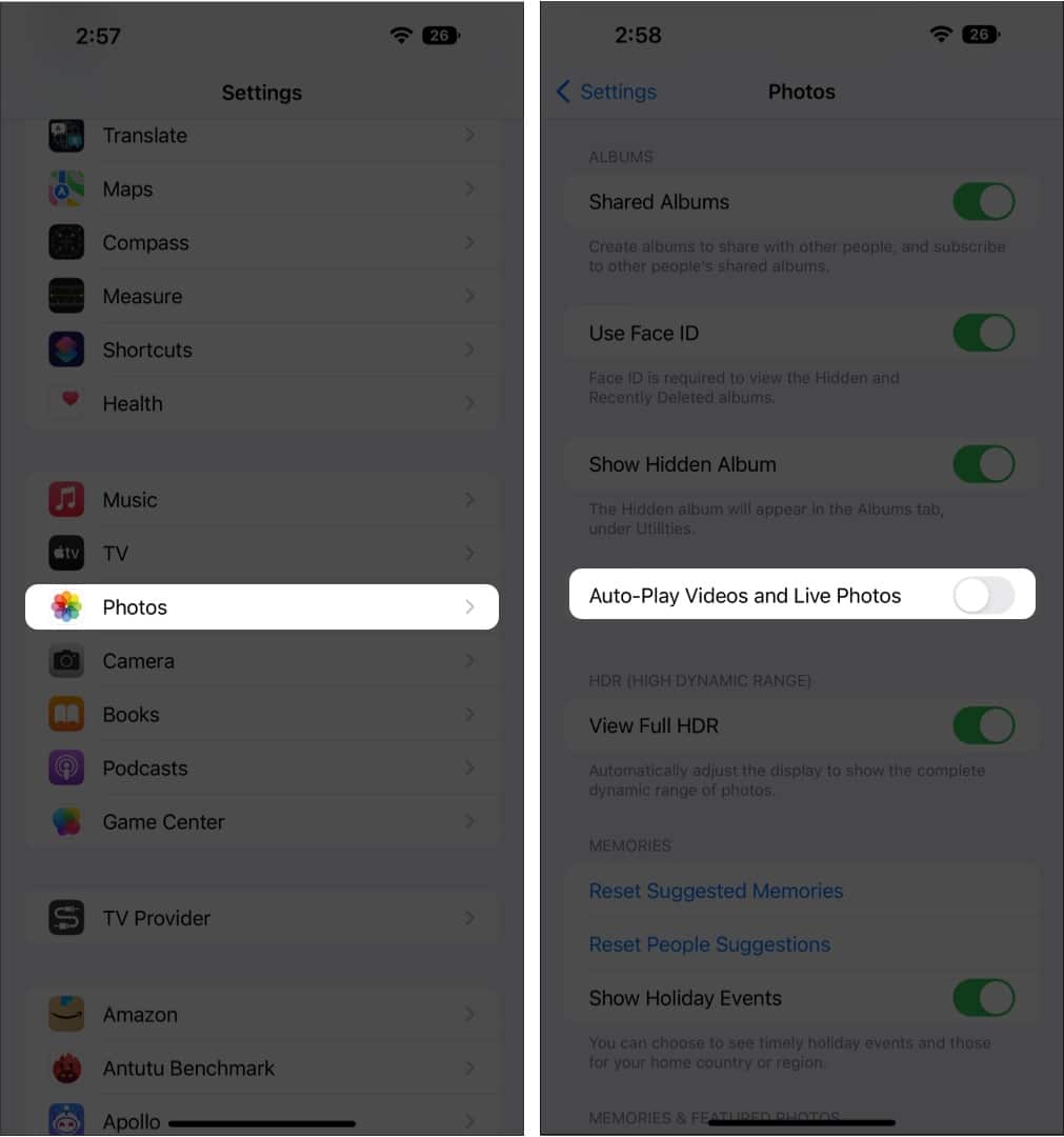Steps to turn off Auto Play Video in Photos app on iPhone