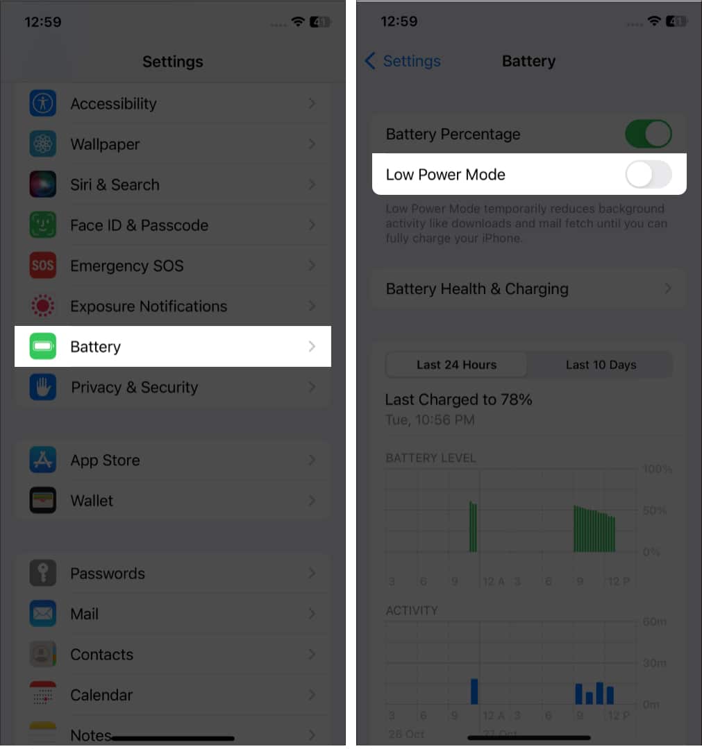Turning off Low Power Mode on an iPhone