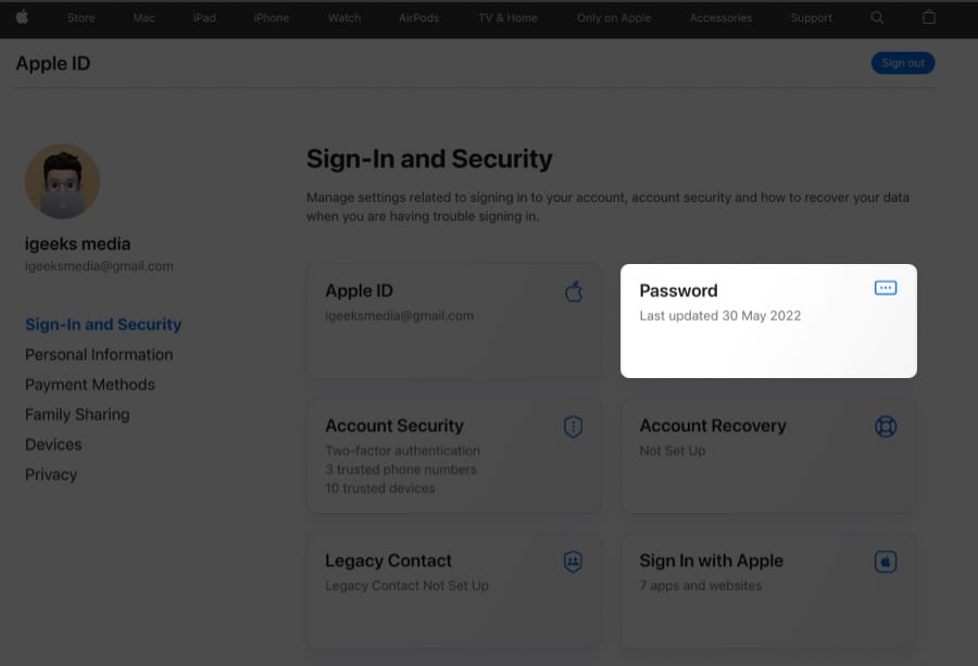 Select Sign in and Security and Password on Mac