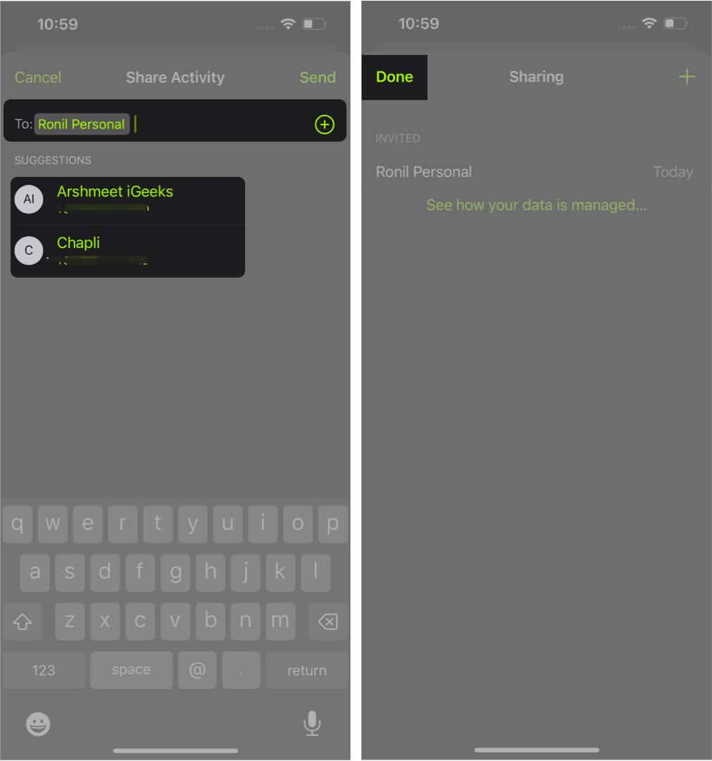 Share Activity on sharing page in Fitness app iPhone