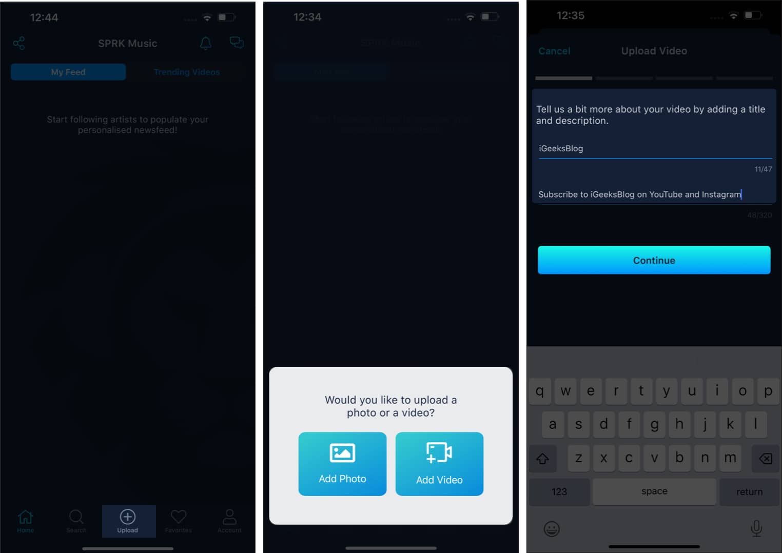 Tap Continue in SPRK Muisc app iPhone