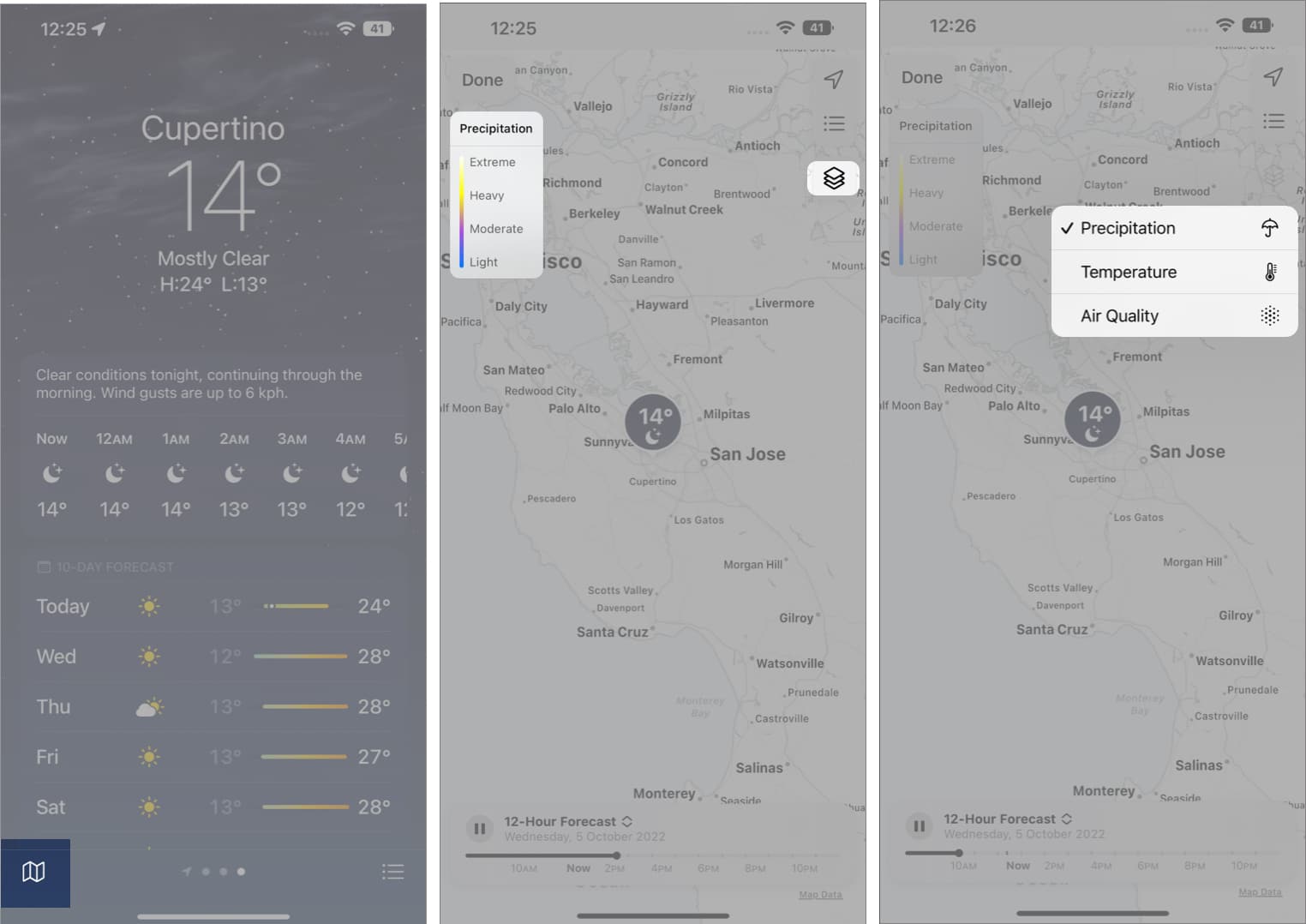 Tap layers icon to switch between Precipitation Temperature and Air Quality