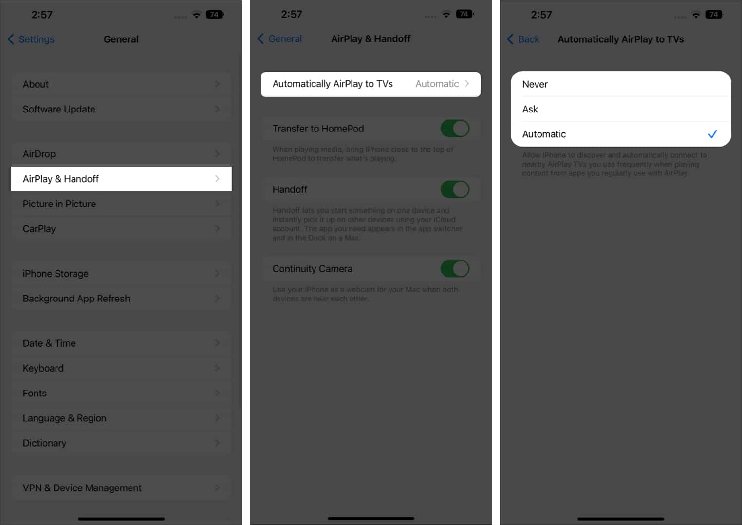 Turn automatic AirPlay streaming on off on iPhone