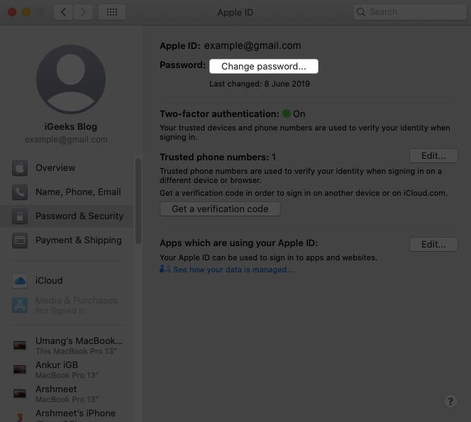 click on change password on mac