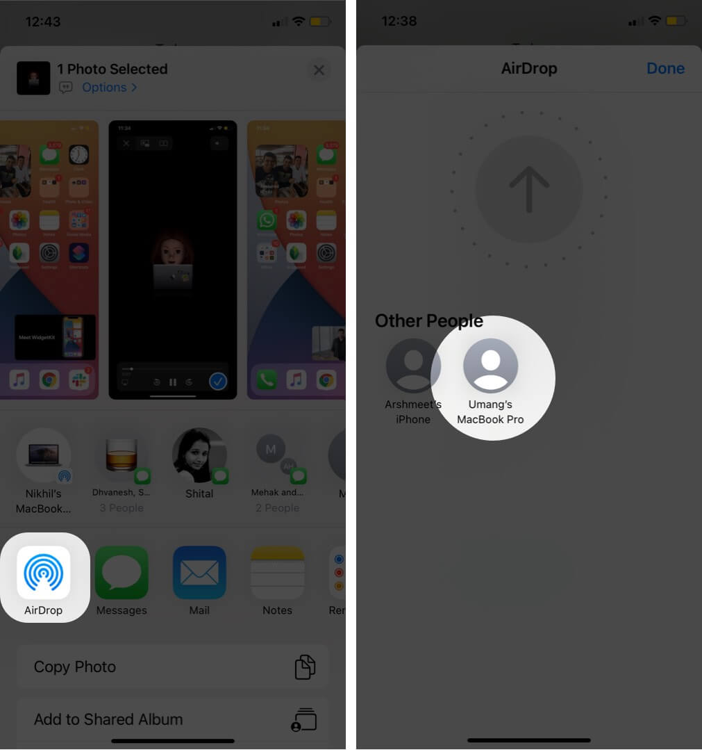 tap on airdrop and choose device to send photo