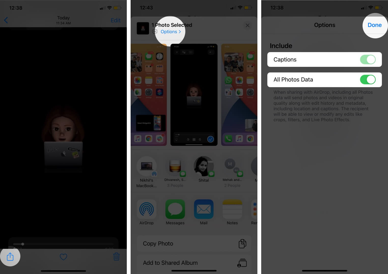 tap on share and tap on options to check captions and photos data is enabled
