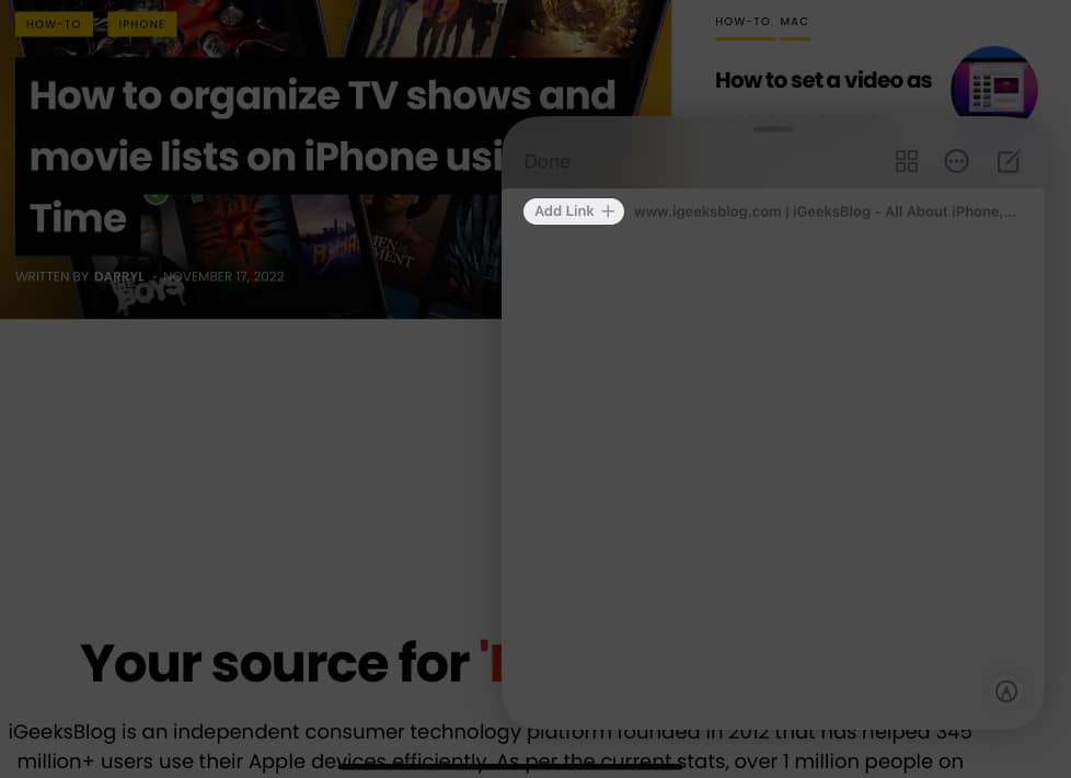 Tap Add Link in the Quick Note to save the current URL to your note