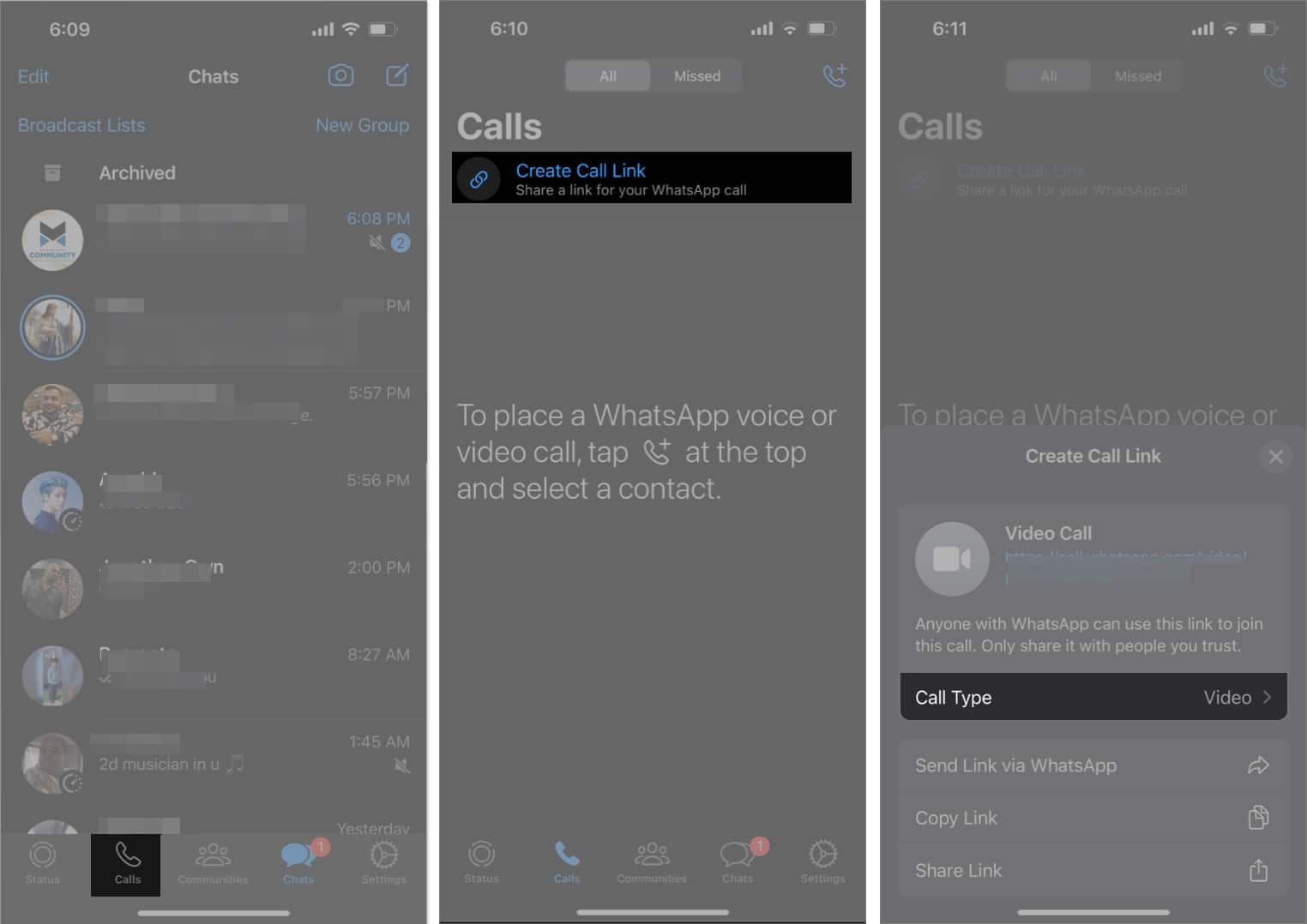 Tap Call Type in WhatsApp link option on iPhone