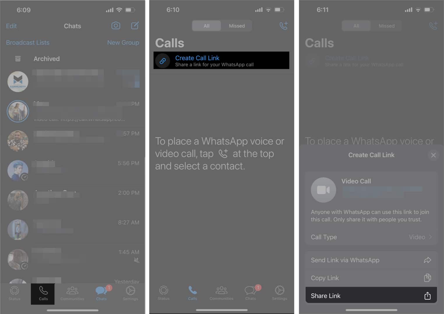 sharing a video call link on WhatsApp on iPhone
