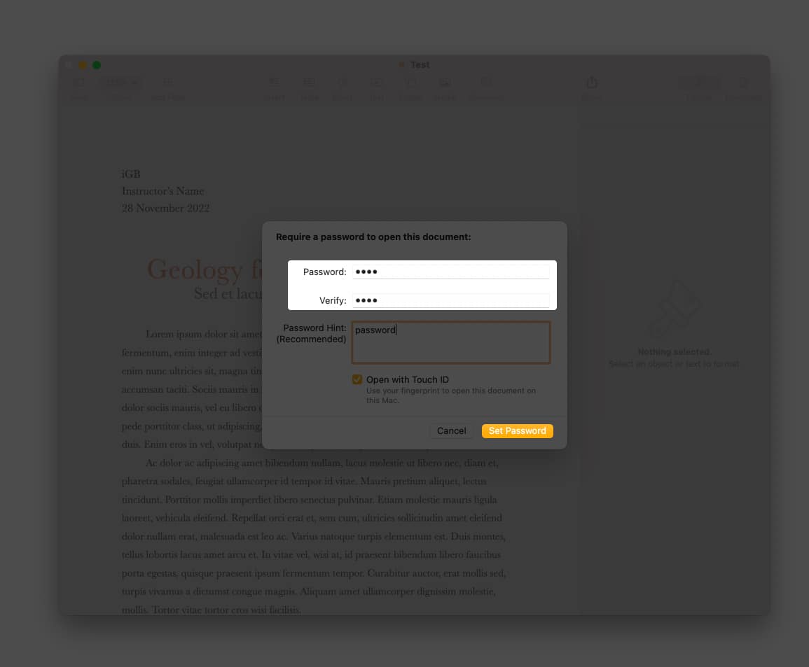Add password to a Pages document on Mac