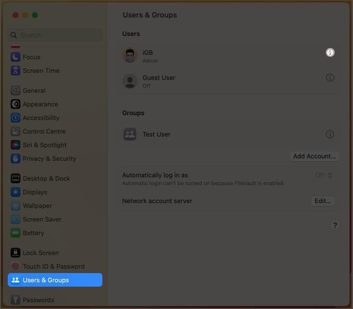 Click the i button In front of the group you want to delete on Mac