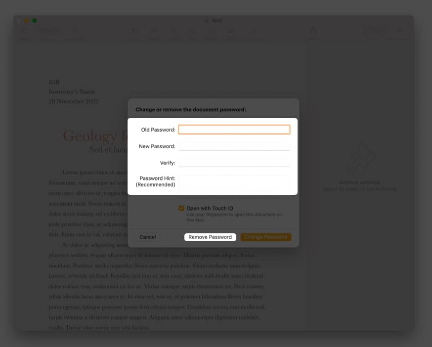 Remove a password from Pages document on Mac