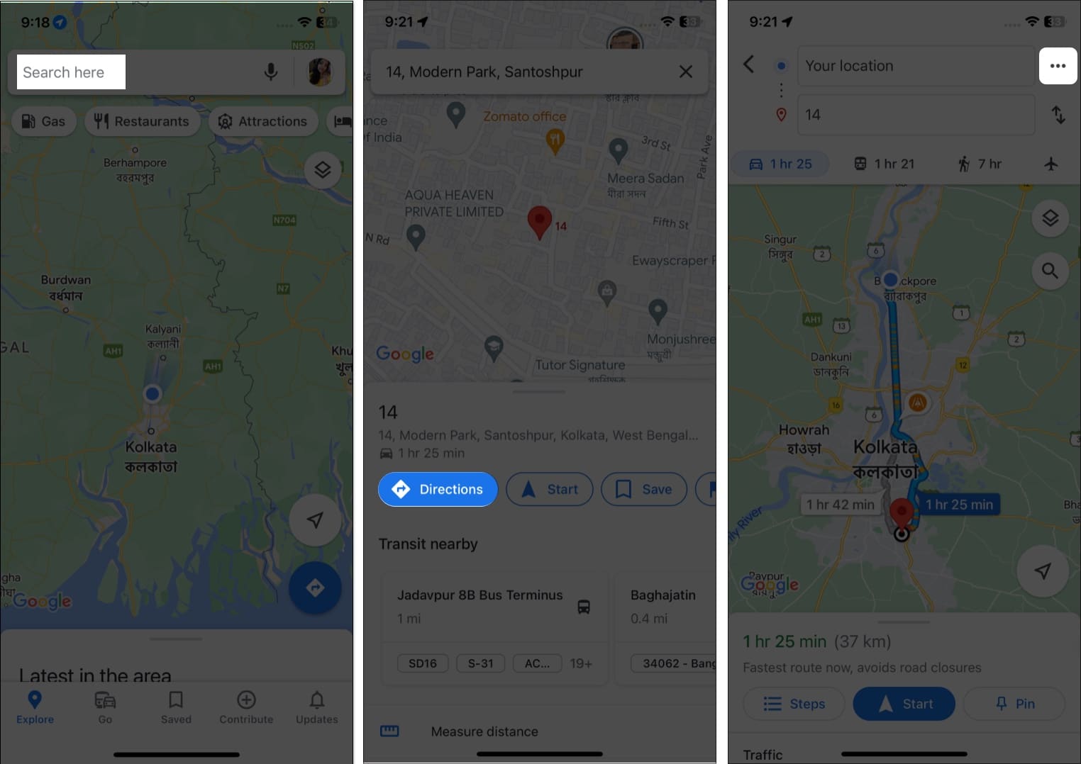 Select the three dots button from the top right corner on Google Maps