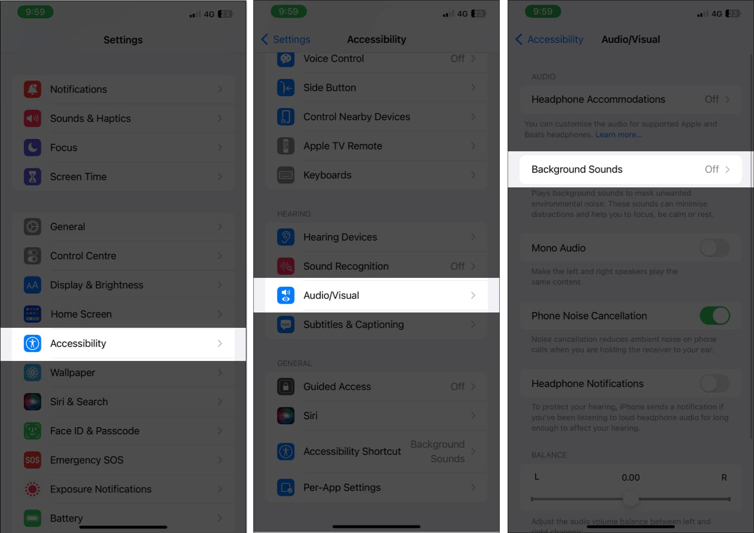 Tap on Accessiblity Audio Visual and Background Sounds on iPhone