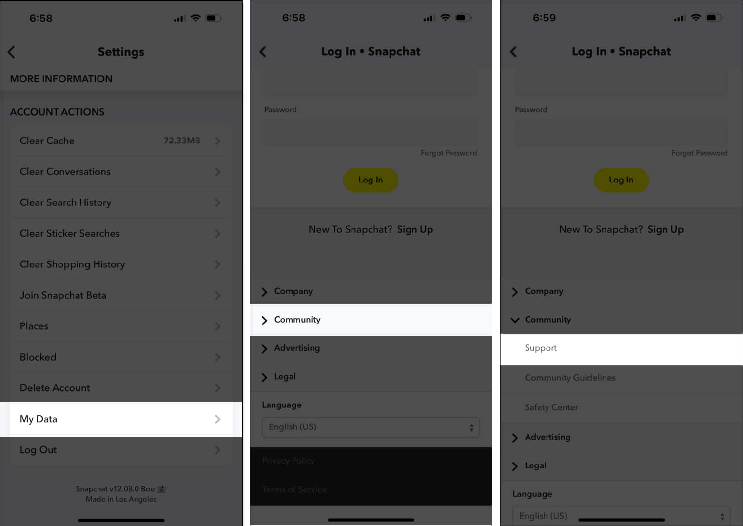 Tap on My Data Community and Support in Snapchat
