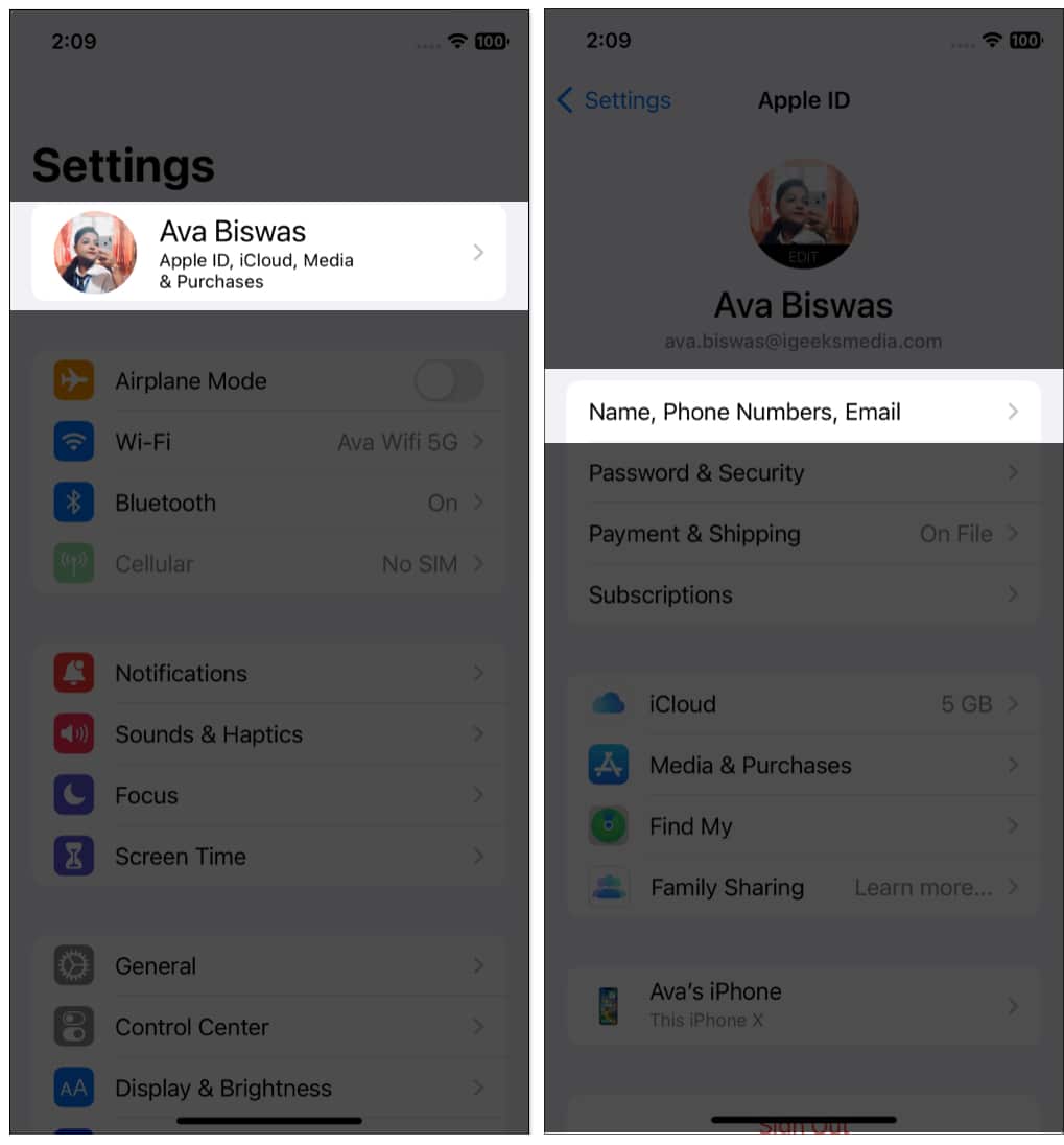 Tap on Name Phone Numbers Email on iPhone