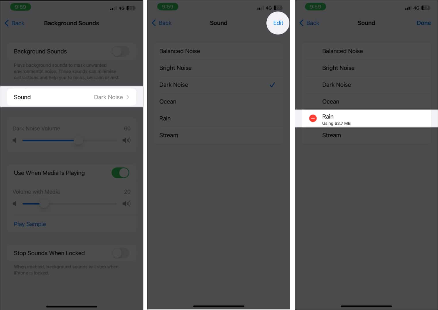 Tap on Sound and Edit and Red icon on iPhone