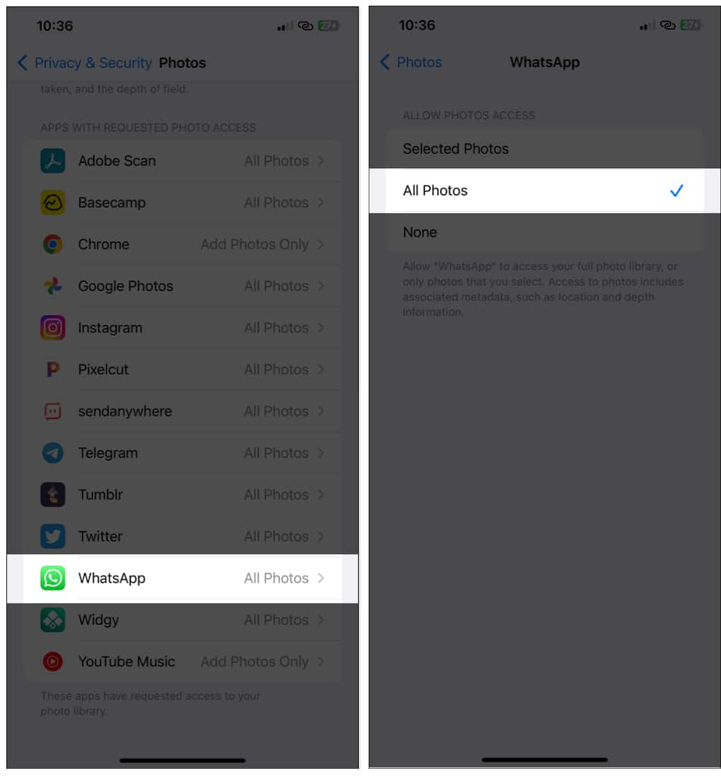 Tap on WhatsApp and Select All Photos on iPhone