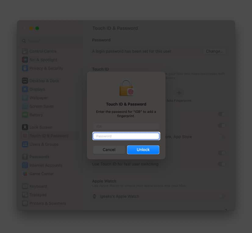set up Touch ID for password protected documents