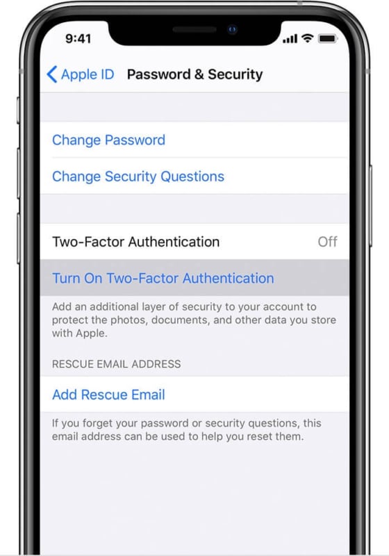 tap on turn on two factor authentication on iphone