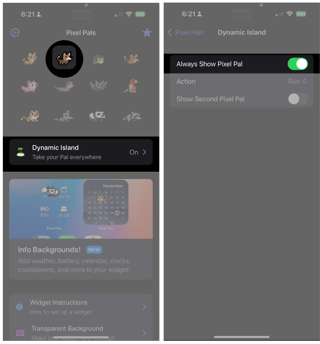 Choose Pixel Pal Tap Dynamic Island toggle on Always Show Pixel Pal