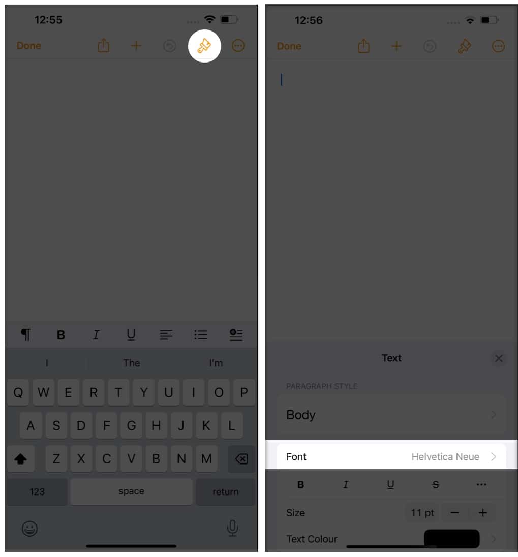 Choose paint brush tap in front of Font in Pages