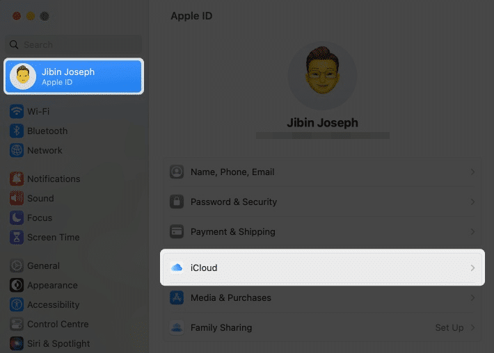 Click your Apple Id name and select iCloud