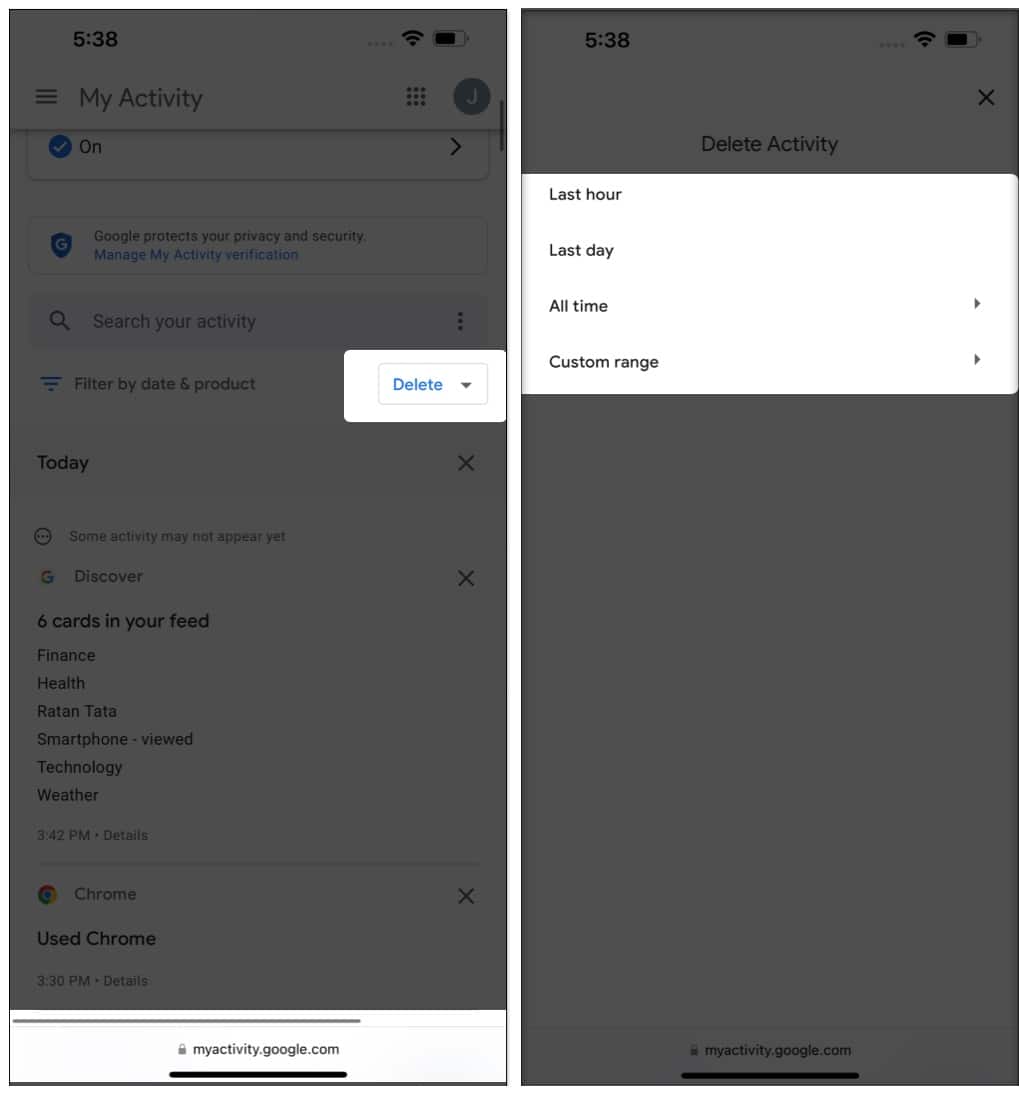 Delete Google web and app activity on iPhone