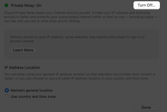 Hit Turn On Private Relay Off button